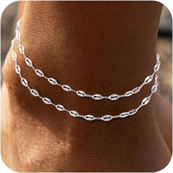 Sterling Silver Ankle Bracelets for Women: Dainty Layered Waterproof Anklet for - Picture 1 of 7